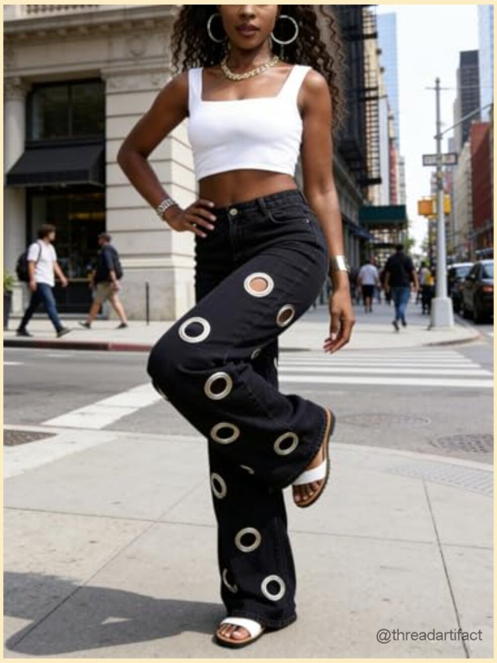 High Waisted Wide Leg Cut Out Jeans with Metal Ring Detail Baggy Denim Pants - Picture 6 of 7